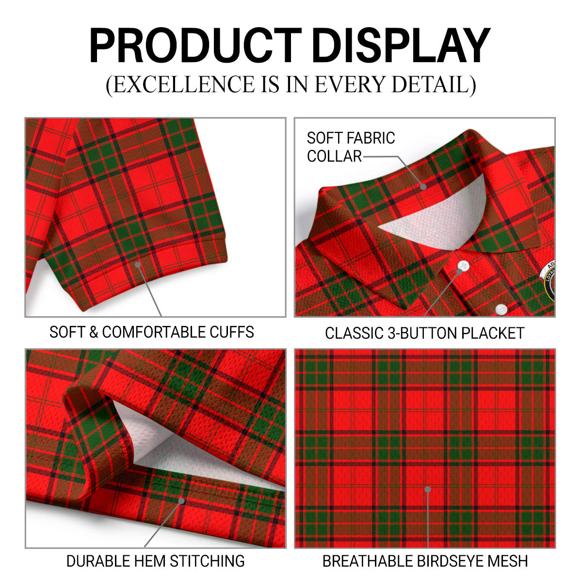 Adair Modern Tartan Crest Birdseye Mesh Polo Shirt