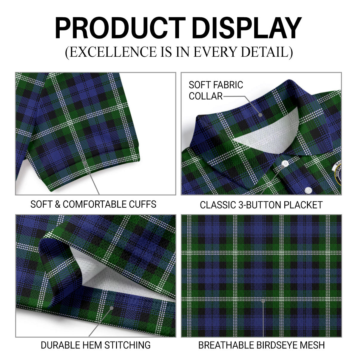 Baillie Modern Tartan Crest Birdseye Mesh Polo Shirt