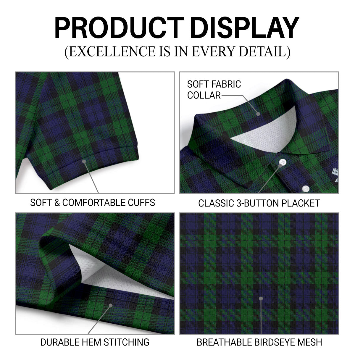 Black Watch Tartan Crest Birdseye Mesh Polo Shirt