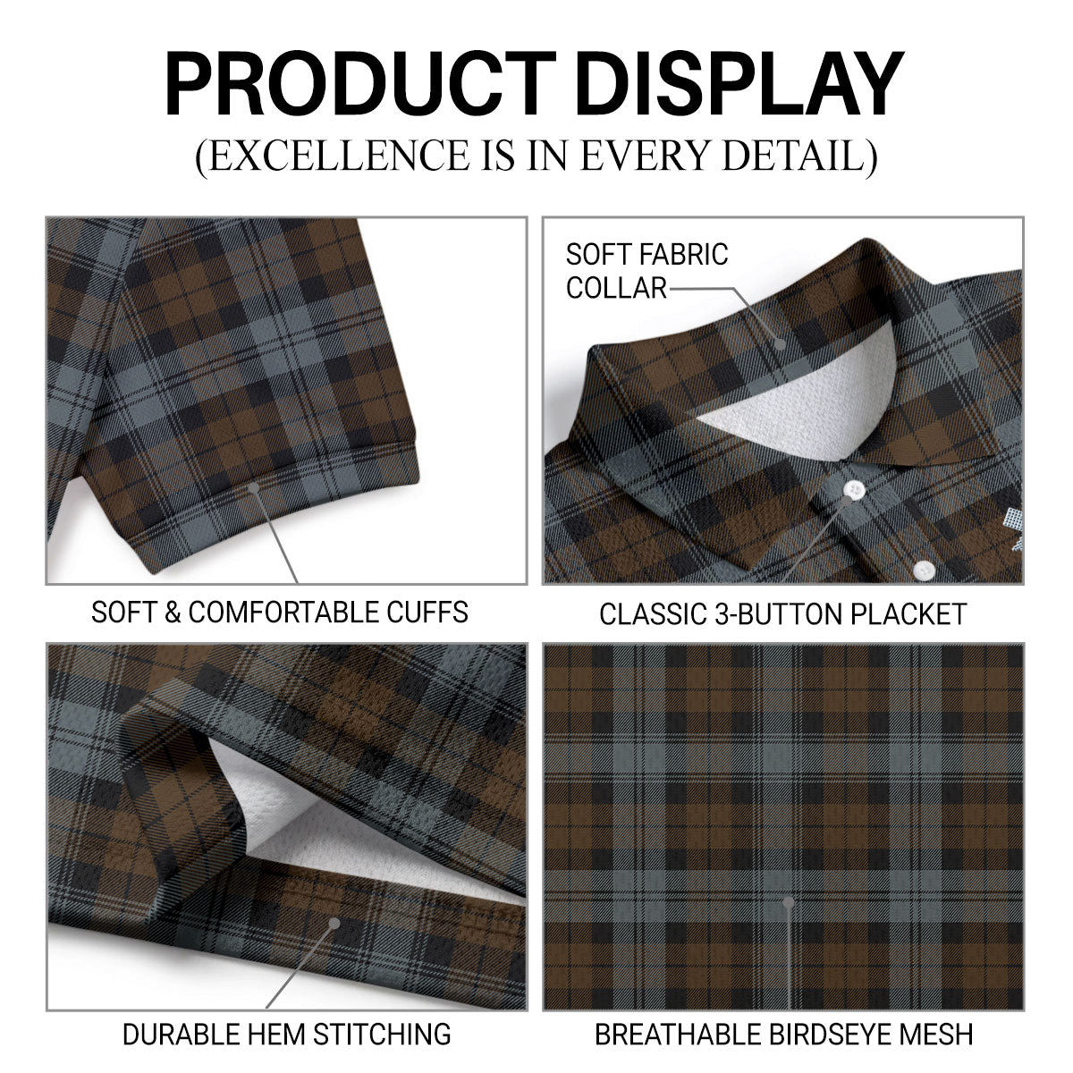 Black Watch Weathered Tartan Crest Birdseye Mesh Polo Shirt