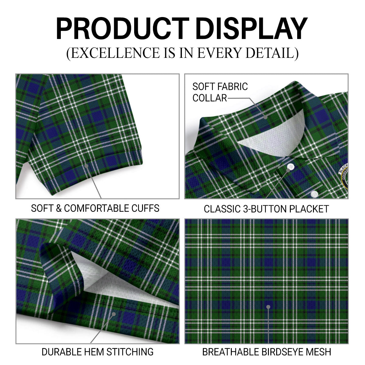 Blackadder Tartan Crest Birdseye Mesh Polo Shirt