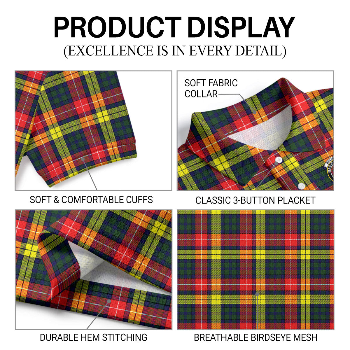 Buchanan Modern Tartan Crest Birdseye Mesh Polo Shirt