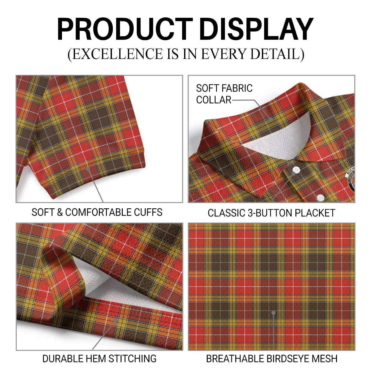 Buchanan Old Set Weathered Tartan Crest Birdseye Mesh Polo Shirt