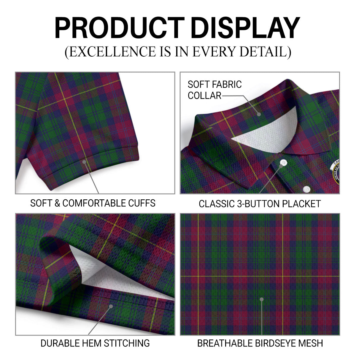 Cairns Tartan Crest Birdseye Mesh Polo Shirt