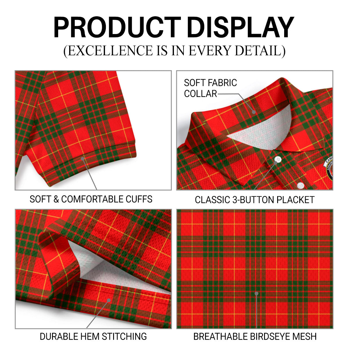 Cameron Modern Tartan Crest Birdseye Mesh Polo Shirt