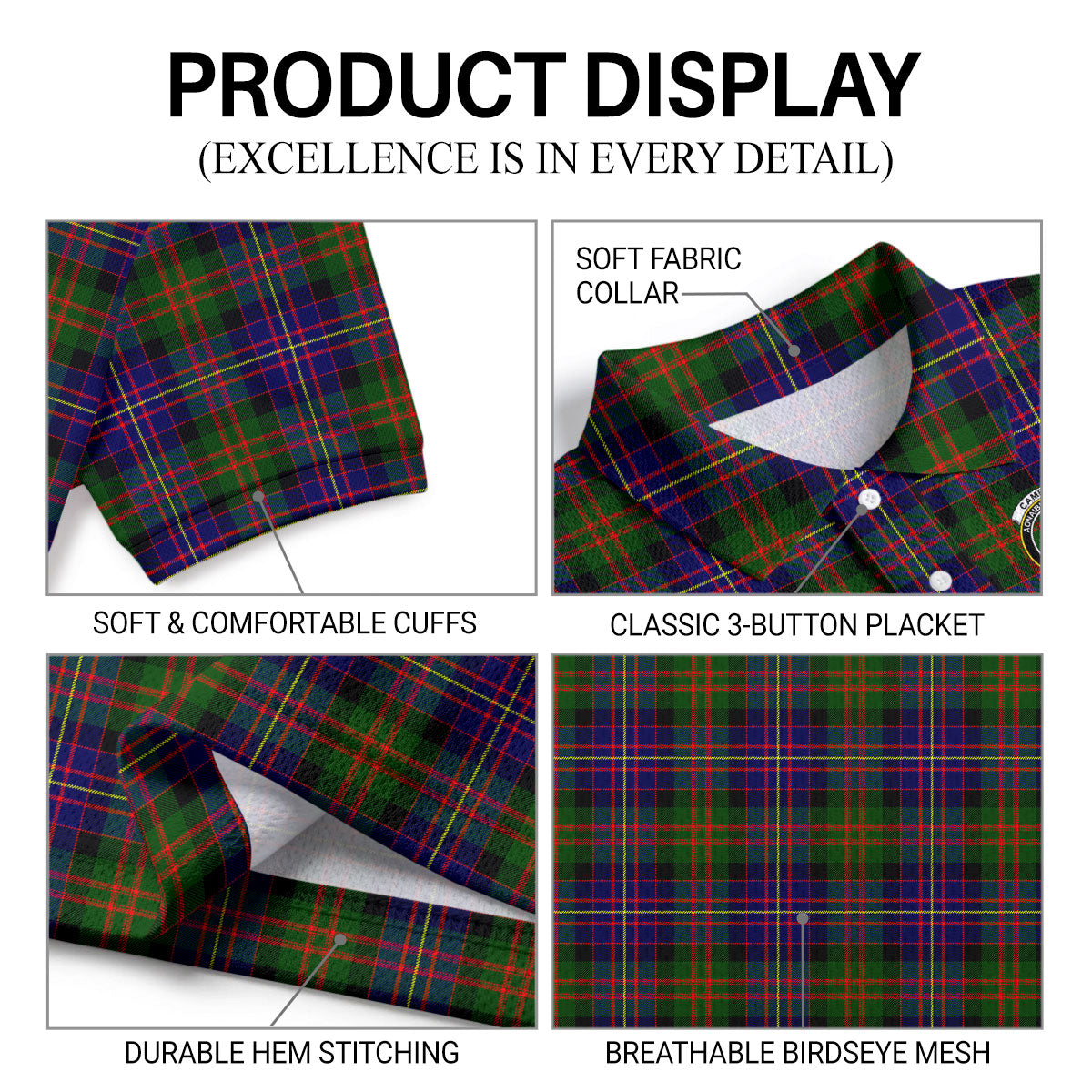 Cameron of Erracht Modern Tartan Crest Birdseye Mesh Polo Shirt