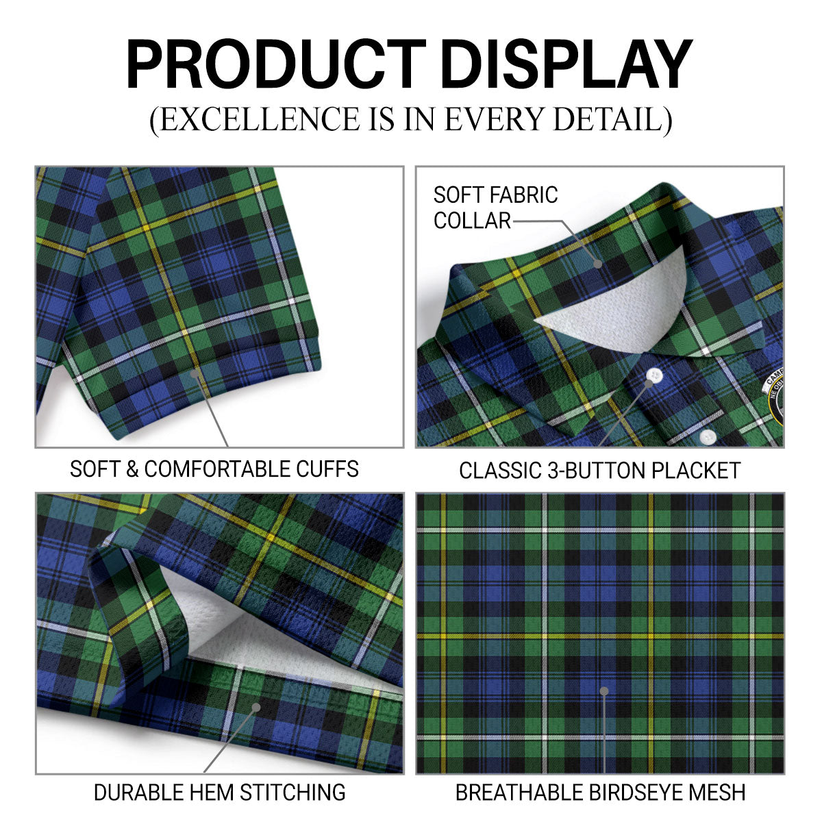 Campbell Argyll Ancient Tartan Crest Birdseye Mesh Polo Shirt