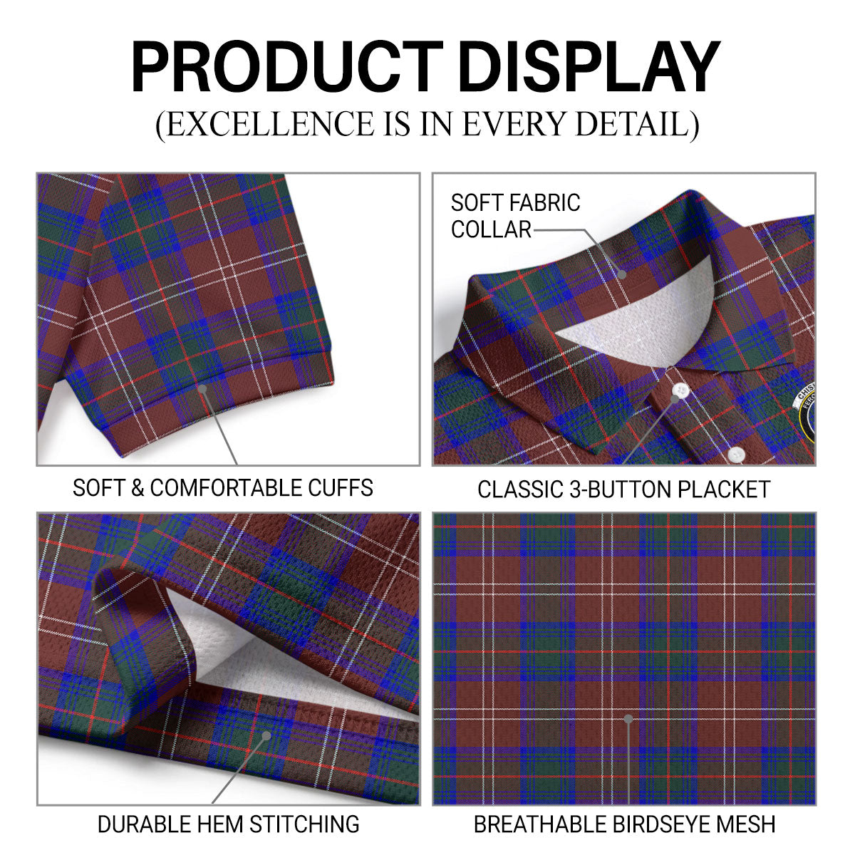 Chisholm Hunting Modern Tartan Crest Birdseye Mesh Polo Shirt