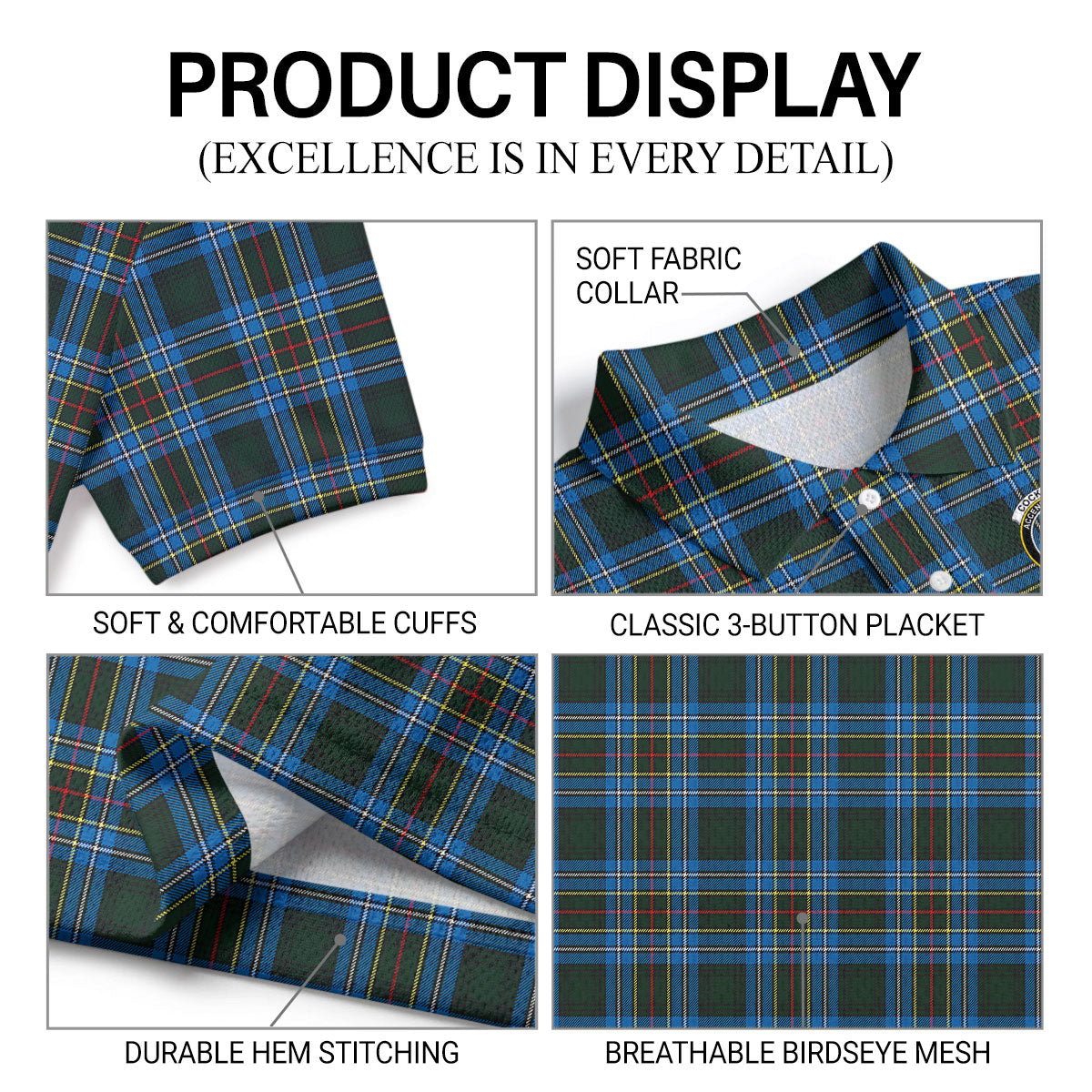 Cockburn Modern Tartan Crest Birdseye Mesh Polo Shirt