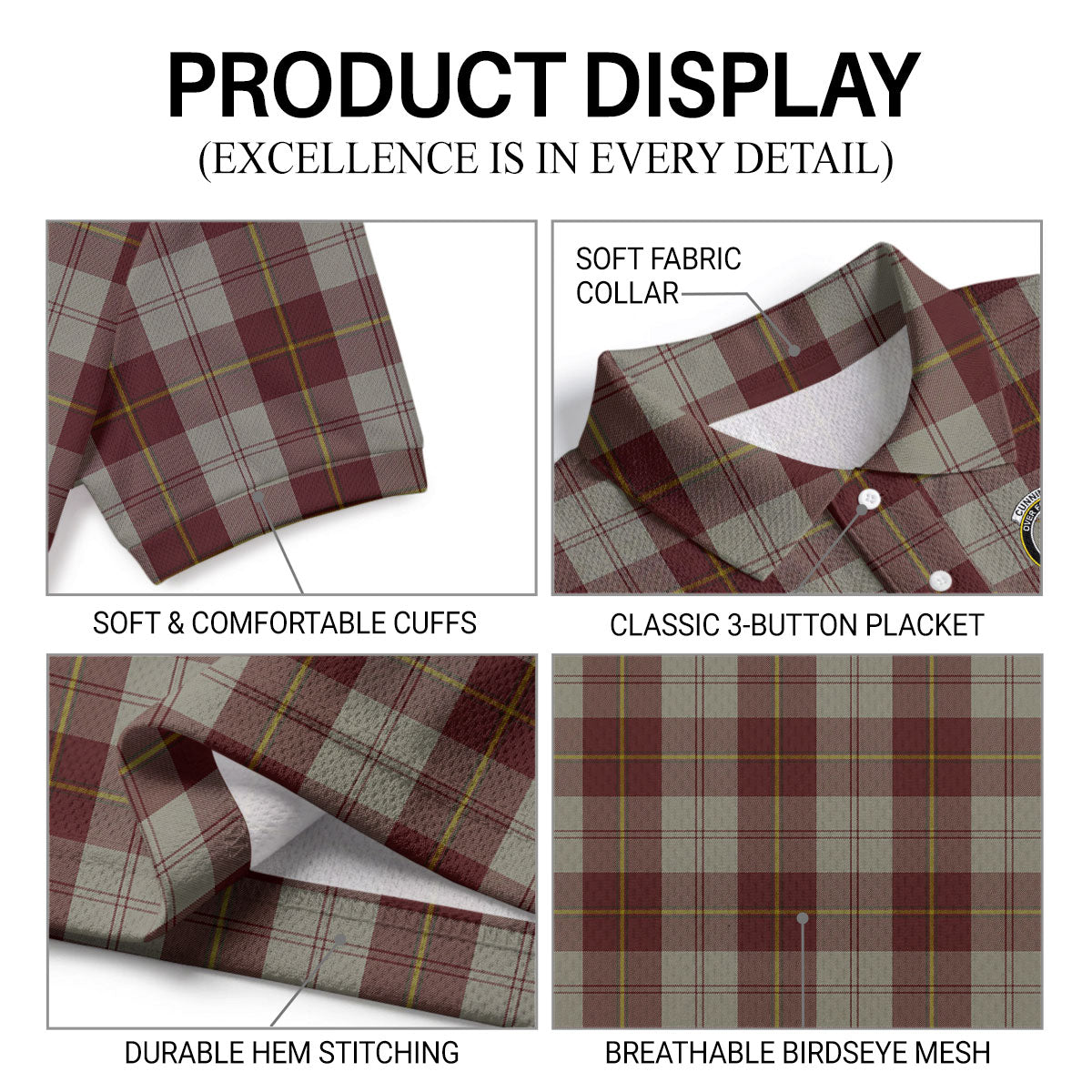 Cunningham Burgundy Dancers Tartan Crest Birdseye Mesh Polo Shirt