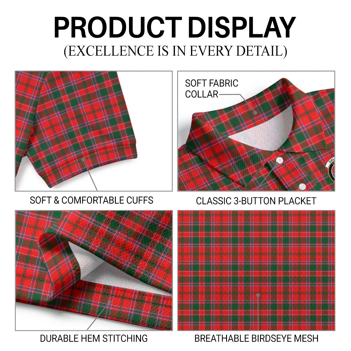 Dalziel Modern Tartan Crest Birdseye Mesh Polo Shirt