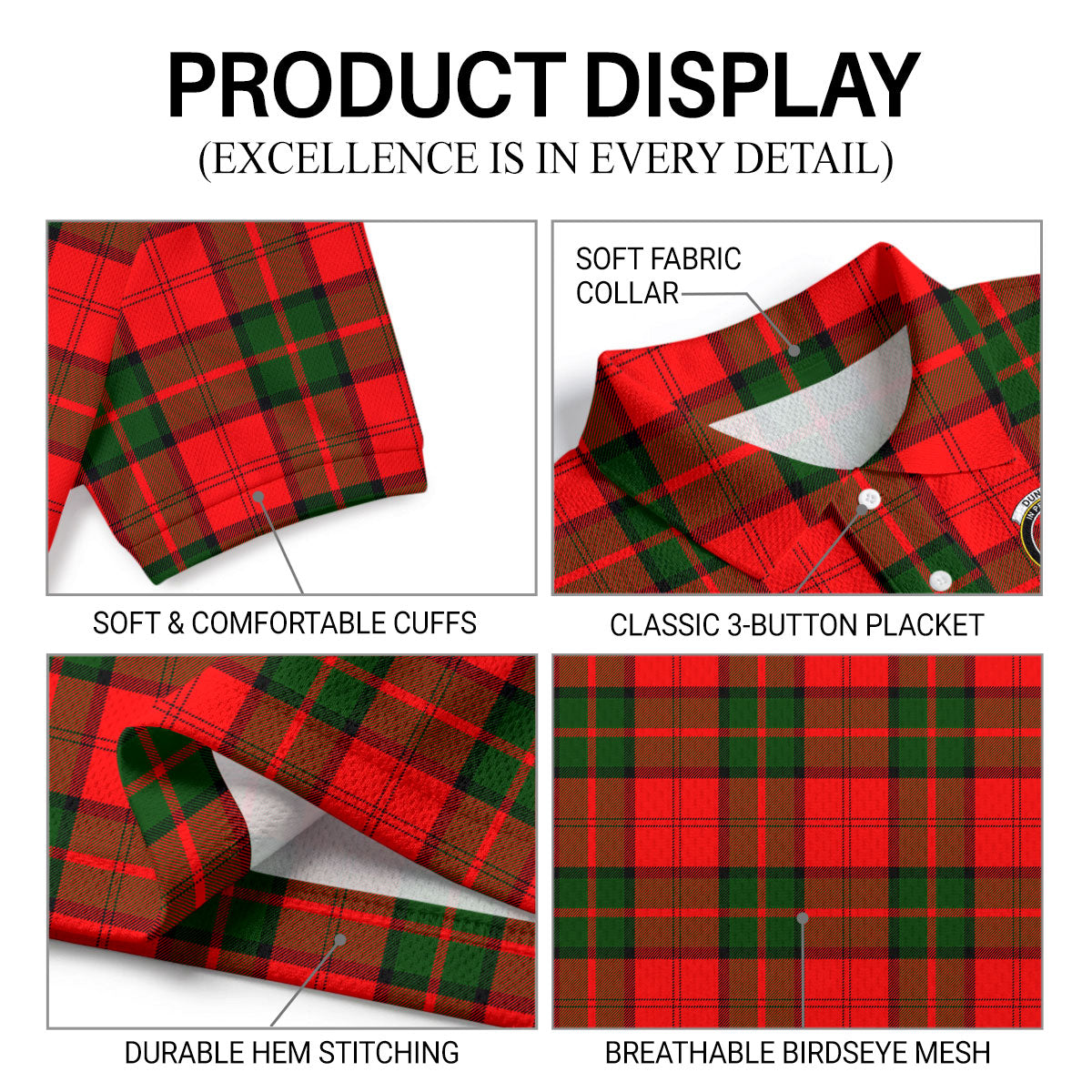 Dunbar Modern Tartan Crest Birdseye Mesh Polo Shirt
