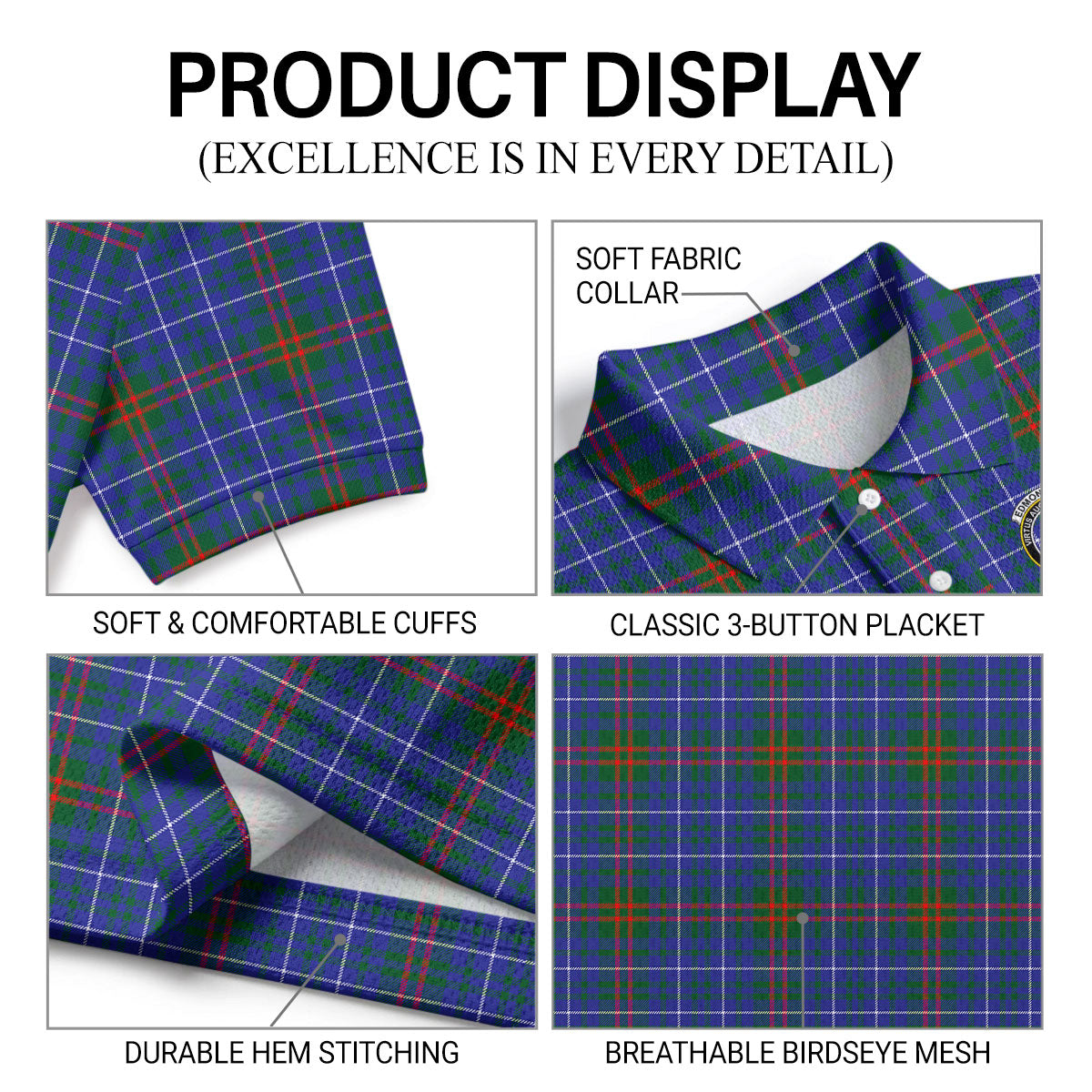 Edmonstone Tartan Crest Birdseye Mesh Polo Shirt