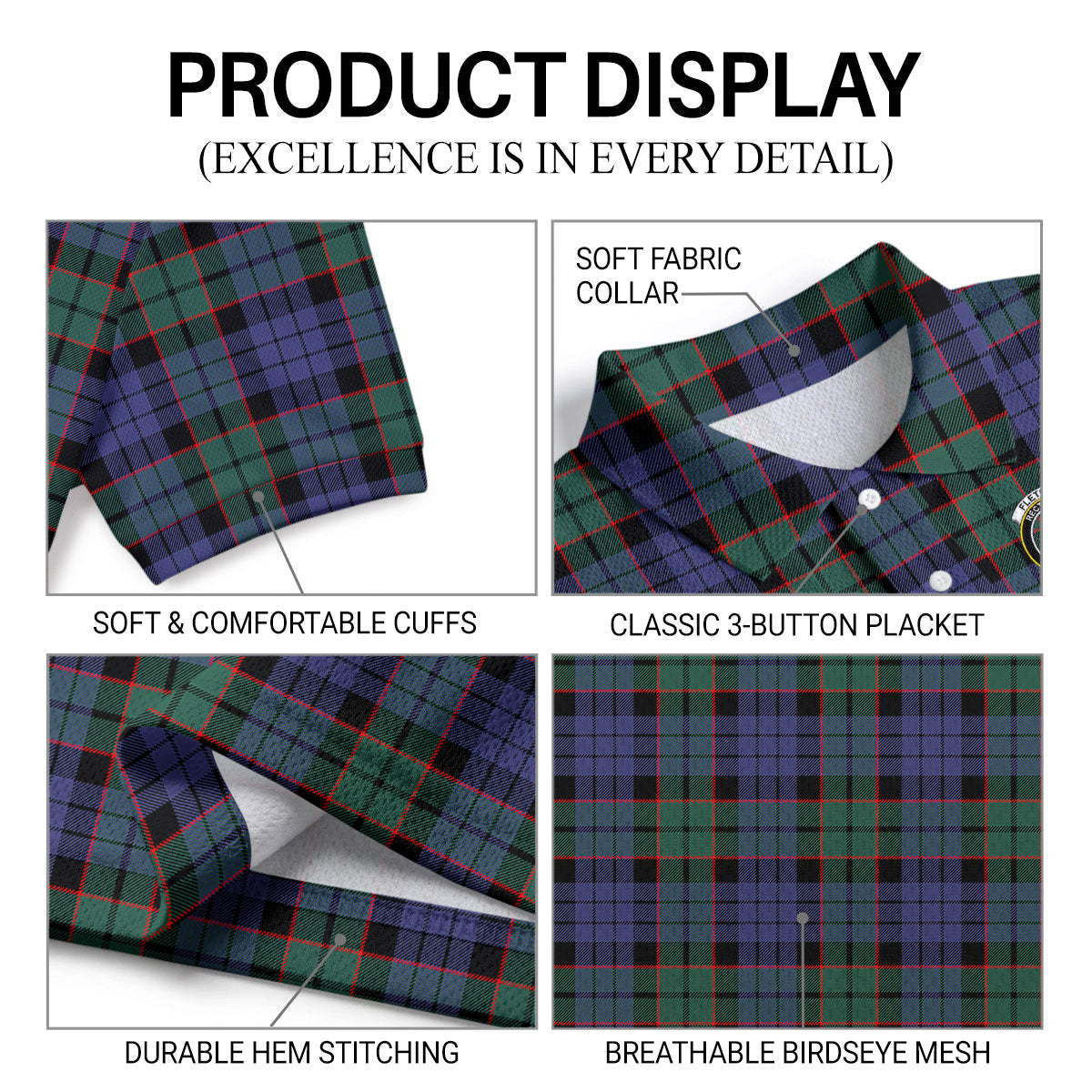 Fletcher Modern Tartan Crest Birdseye Mesh Polo Shirt