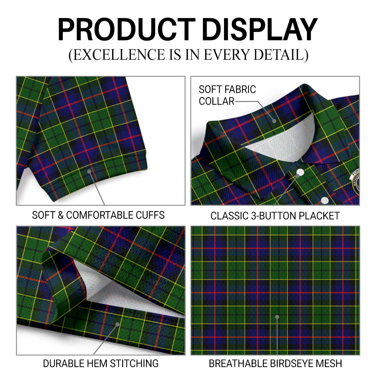 Forsyth Modern Tartan Crest Birdseye Mesh Polo Shirt