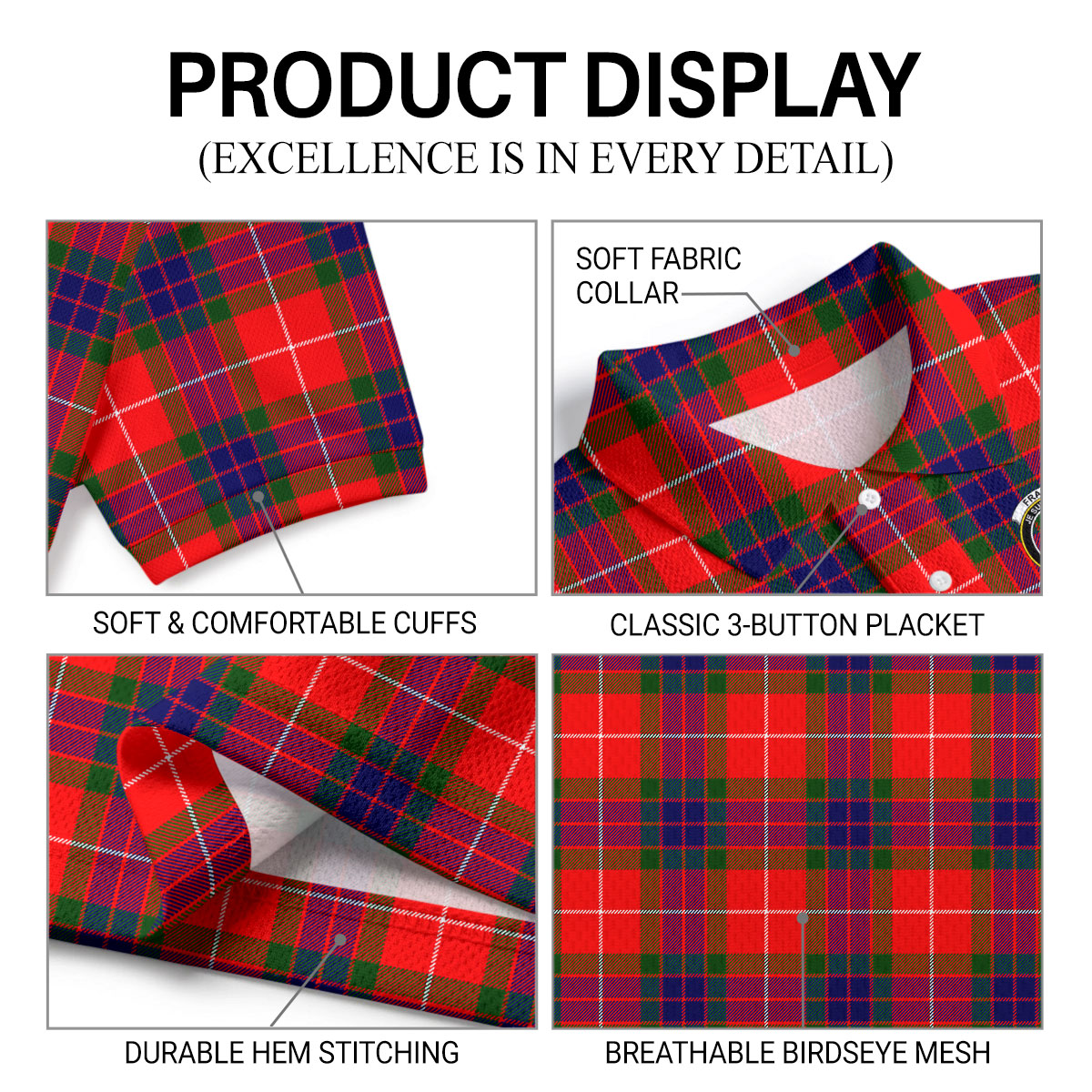 Fraser (of Lovat) Modern Tartan Crest Birdseye Mesh Polo Shirt