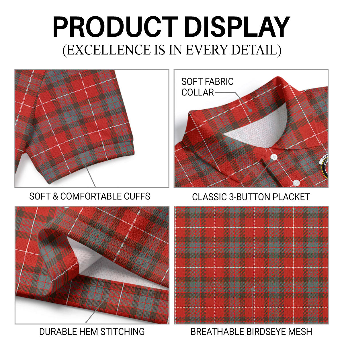 Fraser (of Lovat) Weathered Tartan Crest Birdseye Mesh Polo Shirt
