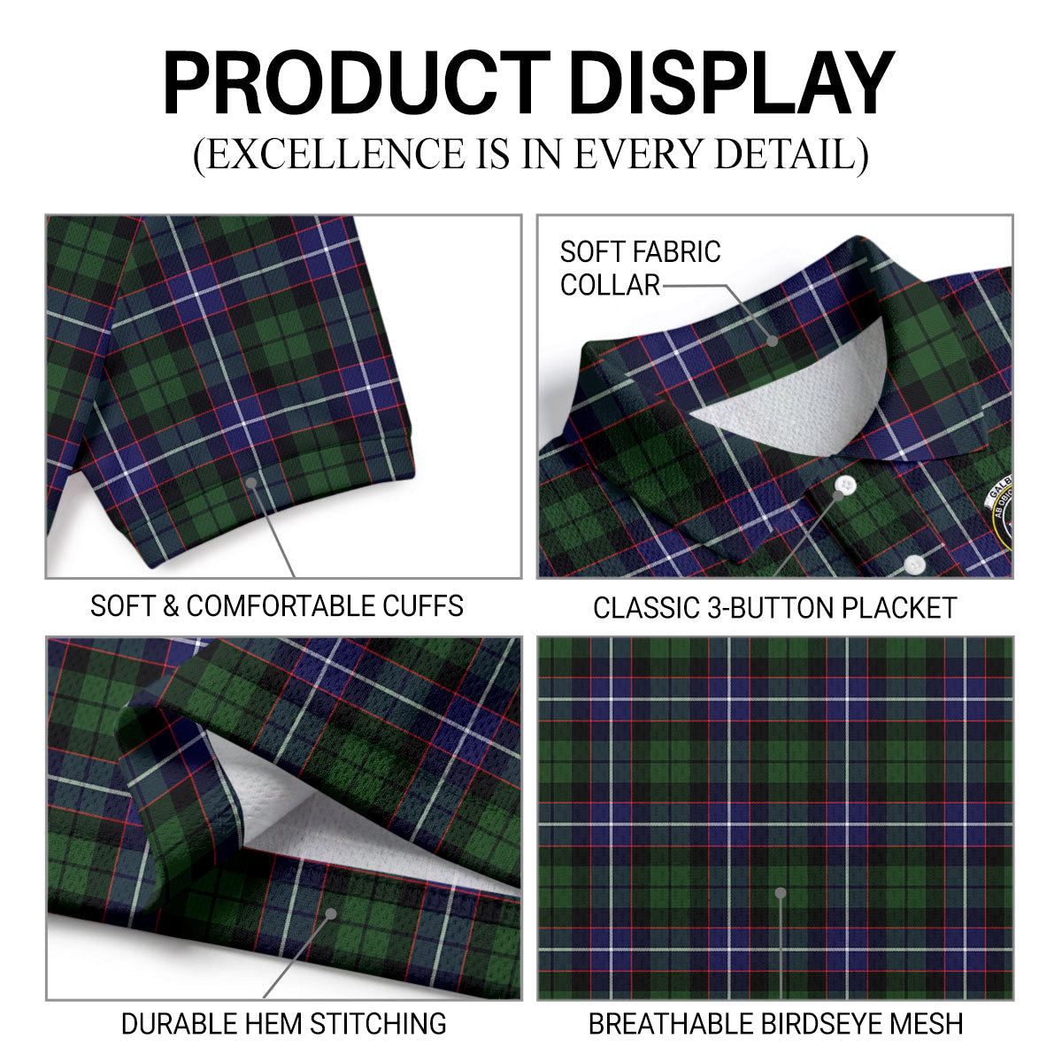 Galbraith Modern Tartan Crest Birdseye Mesh Polo Shirt