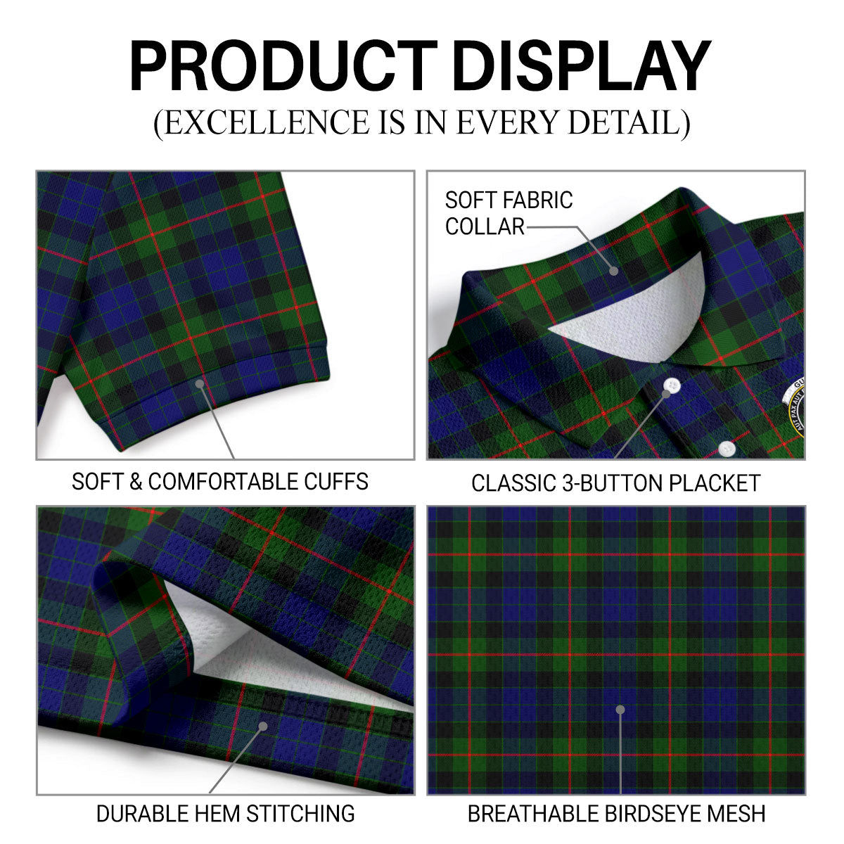 Gunn Modern Tartan Crest Birdseye Mesh Polo Shirt