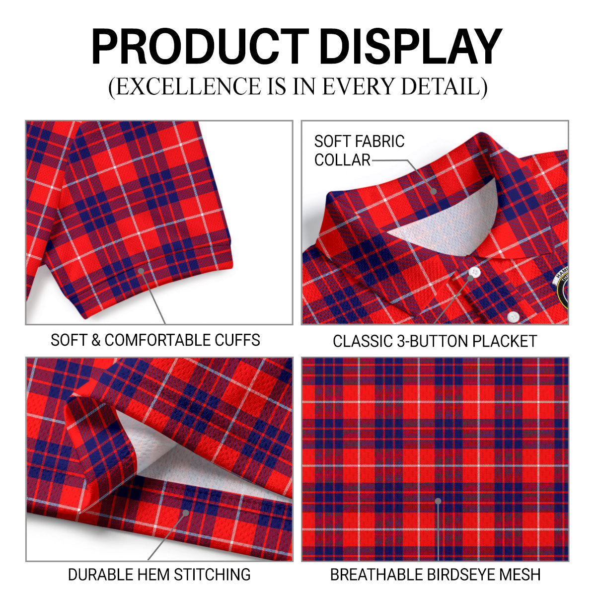 Hamilton Modern Tartan Crest Birdseye Mesh Polo Shirt