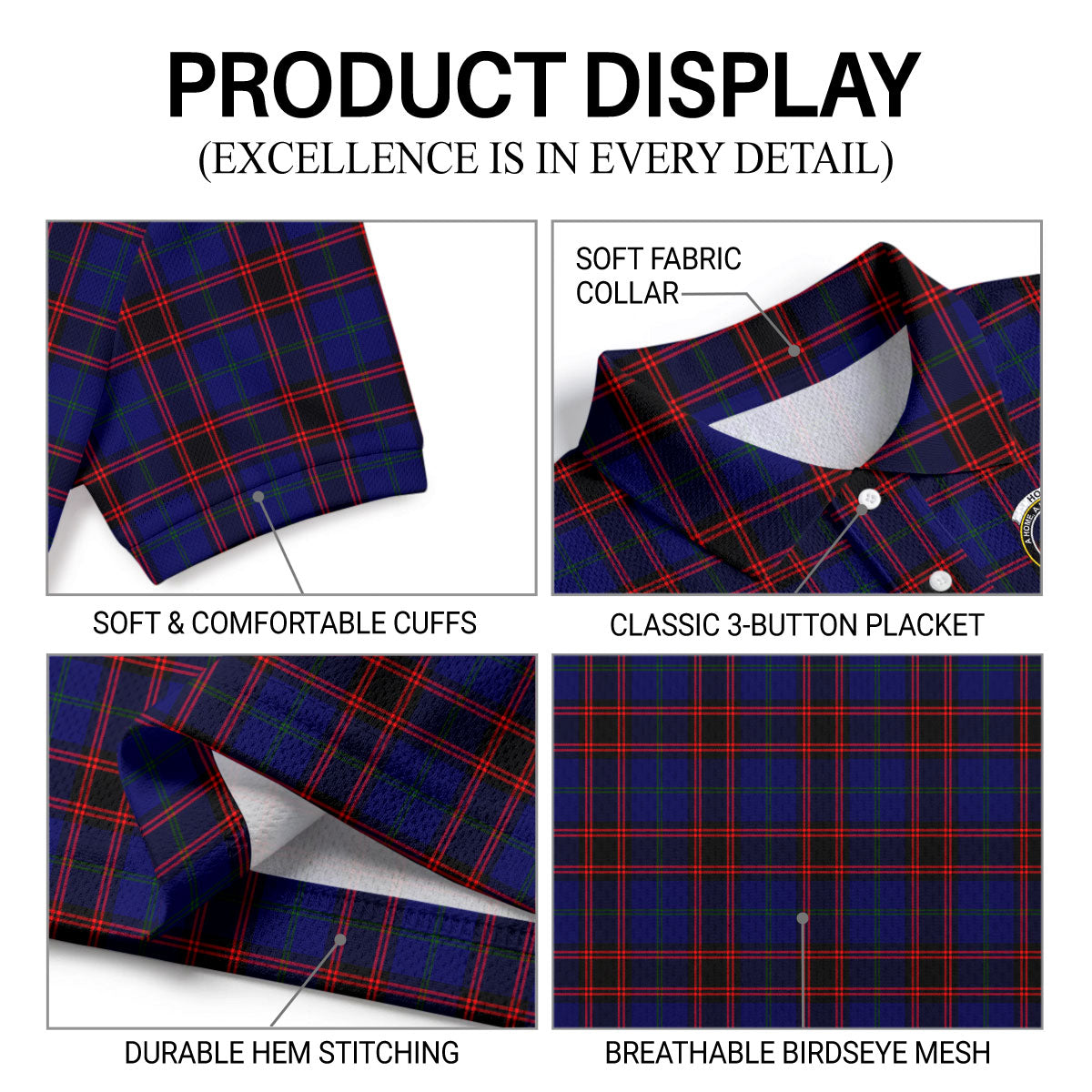 Home Modern Tartan Crest Birdseye Mesh Polo Shirt