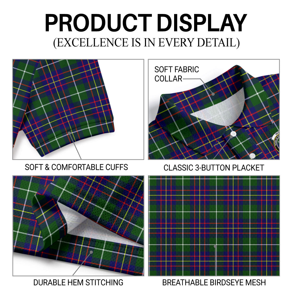 Inglis Modern Tartan Crest Birdseye Mesh Polo Shirt
