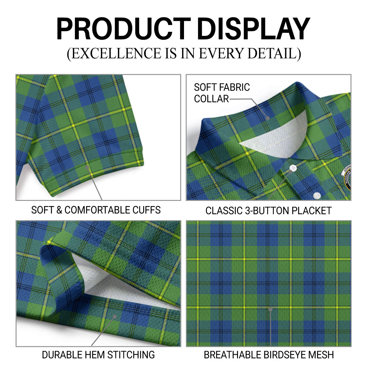 Johnston Ancient Tartan Crest Birdseye Mesh Polo Shirt