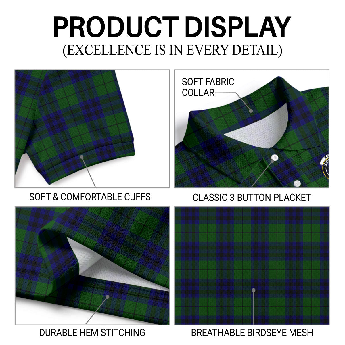 Keith Modern Tartan Crest Birdseye Mesh Polo Shirt