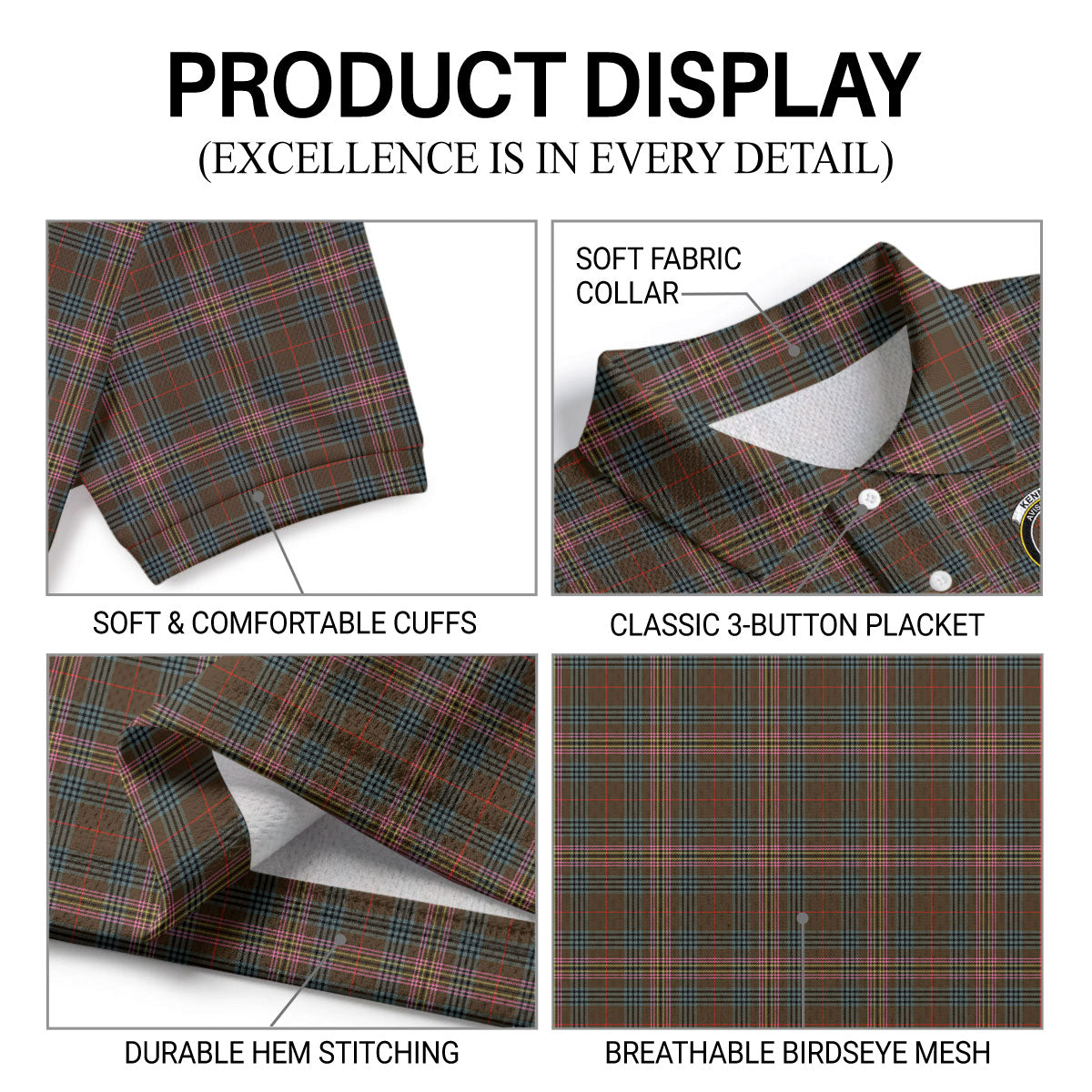 Kennedy Weathered Tartan Crest Birdseye Mesh Polo Shirt
