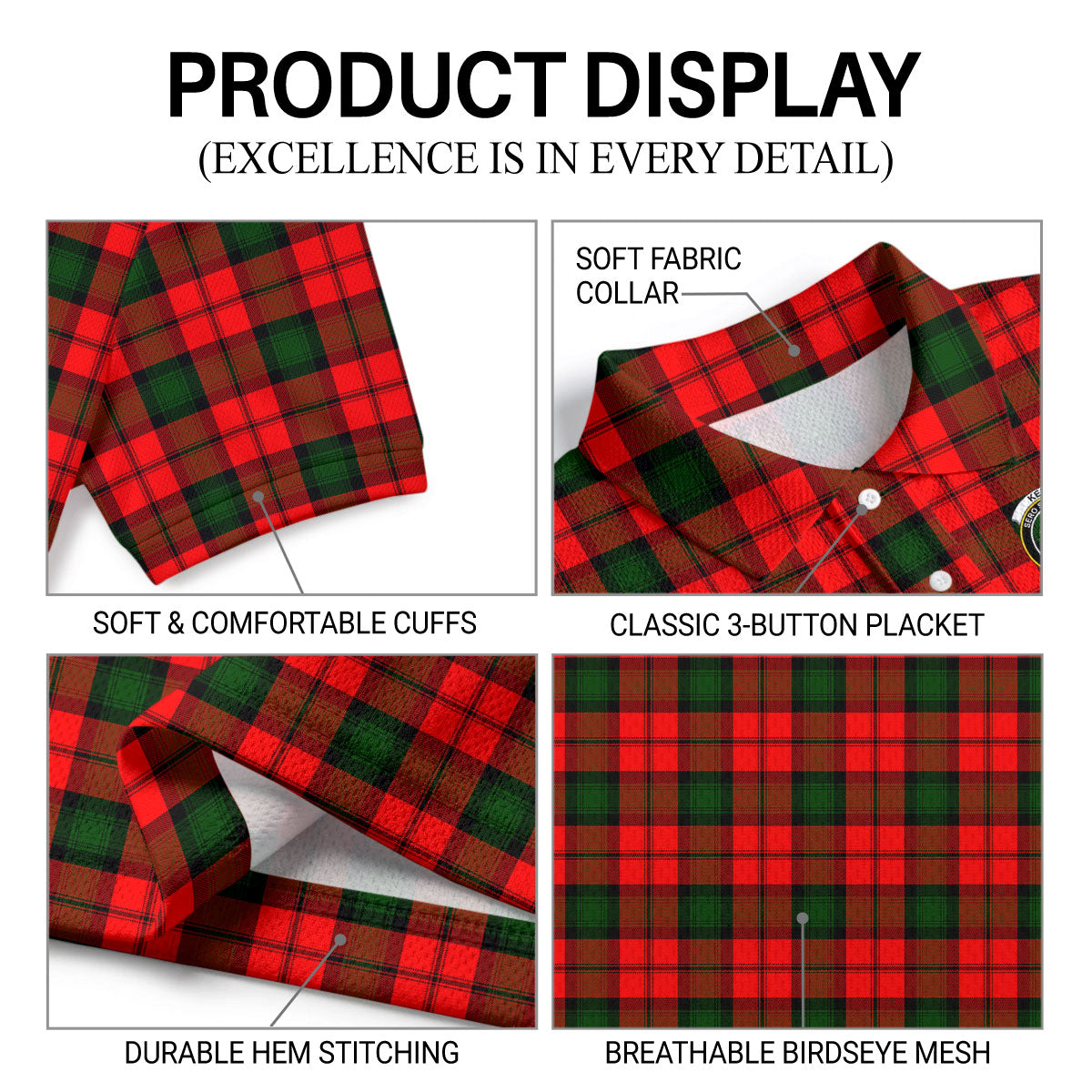 Kerr Modern Tartan Crest Birdseye Mesh Polo Shirt