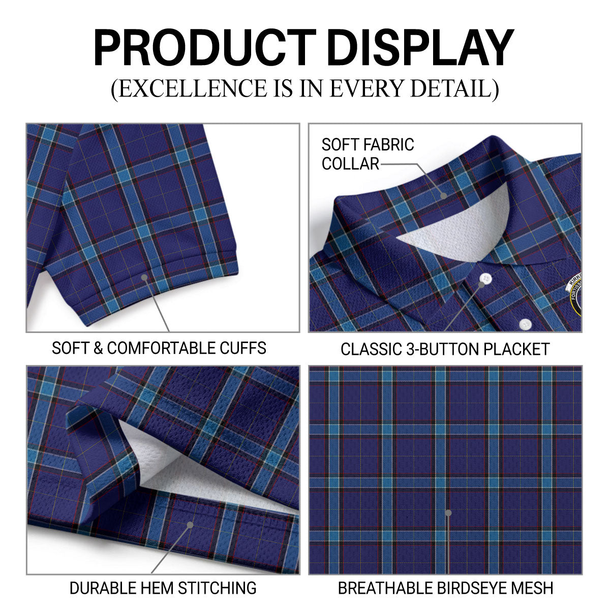 Kirkcaldy Tartan Crest Birdseye Mesh Polo Shirt
