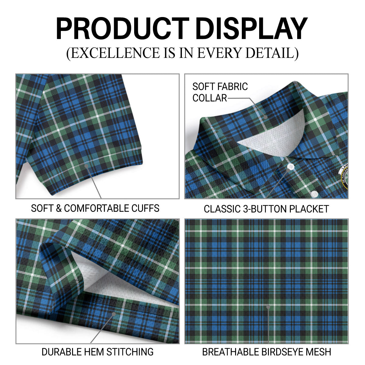 Lamont Ancient Tartan Crest Birdseye Mesh Polo Shirt