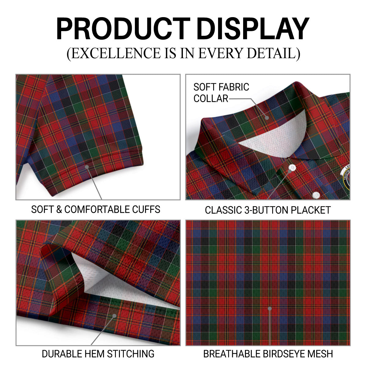 Leith Tartan Crest Birdseye Mesh Polo Shirt