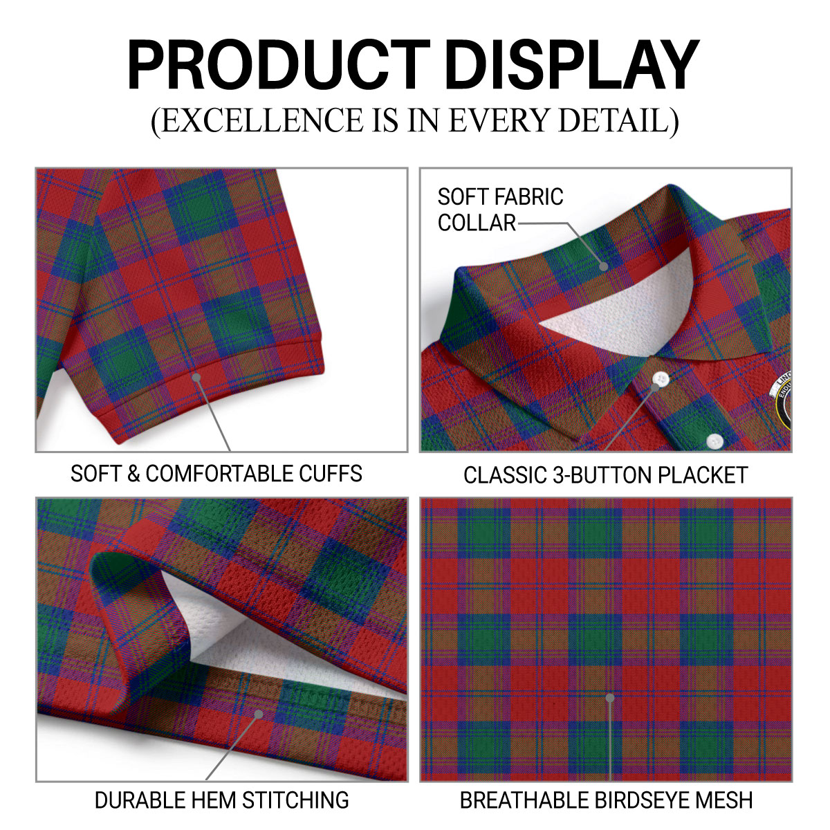 Lindsay Modern Tartan Crest Birdseye Mesh Polo Shirt