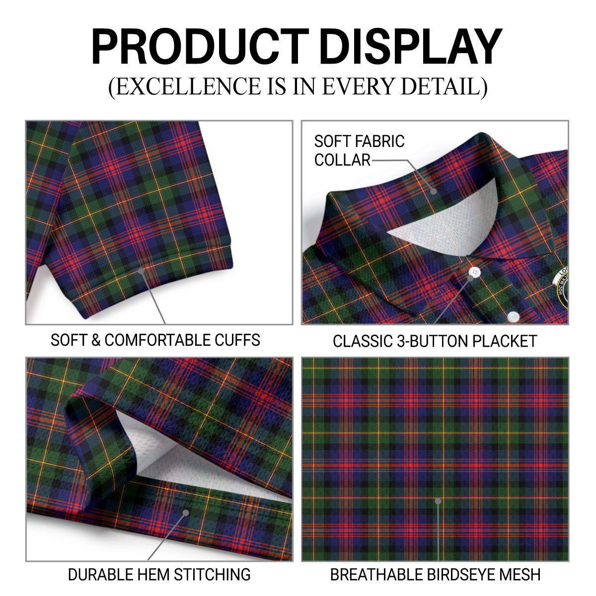 Logan Modern Tartan Crest Birdseye Mesh Polo Shirt