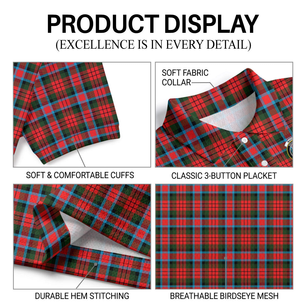 MacDuff Modern Tartan Crest Birdseye Mesh Polo Shirt