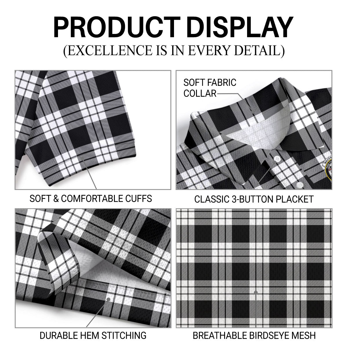 MacFarlane Black - White Tartan Crest Birdseye Mesh Polo Shirt