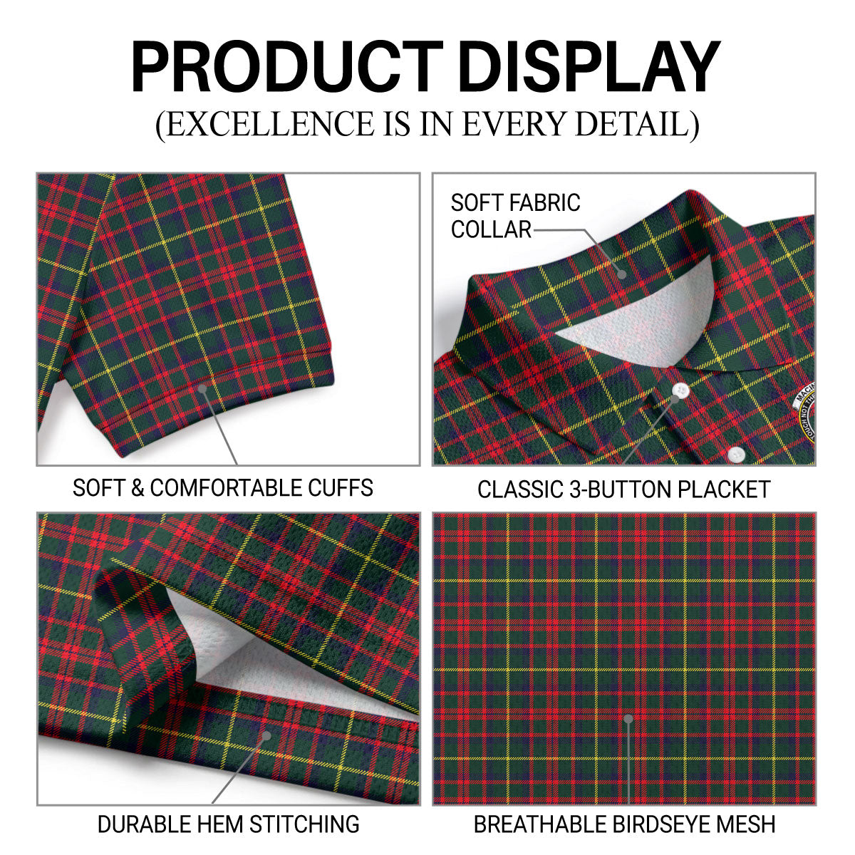 MacIntosh Hunting Modern Tartan Crest Birdseye Mesh Polo Shirt