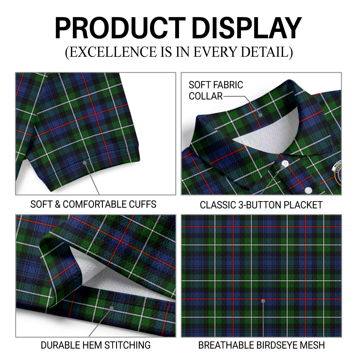 MacKenzie Modern Tartan Crest Birdseye Mesh Polo Shirt