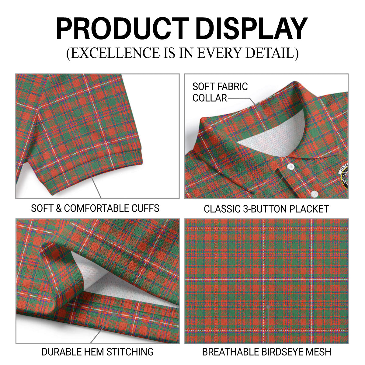 MacKinnon Ancient Tartan Crest Birdseye Mesh Polo Shirt