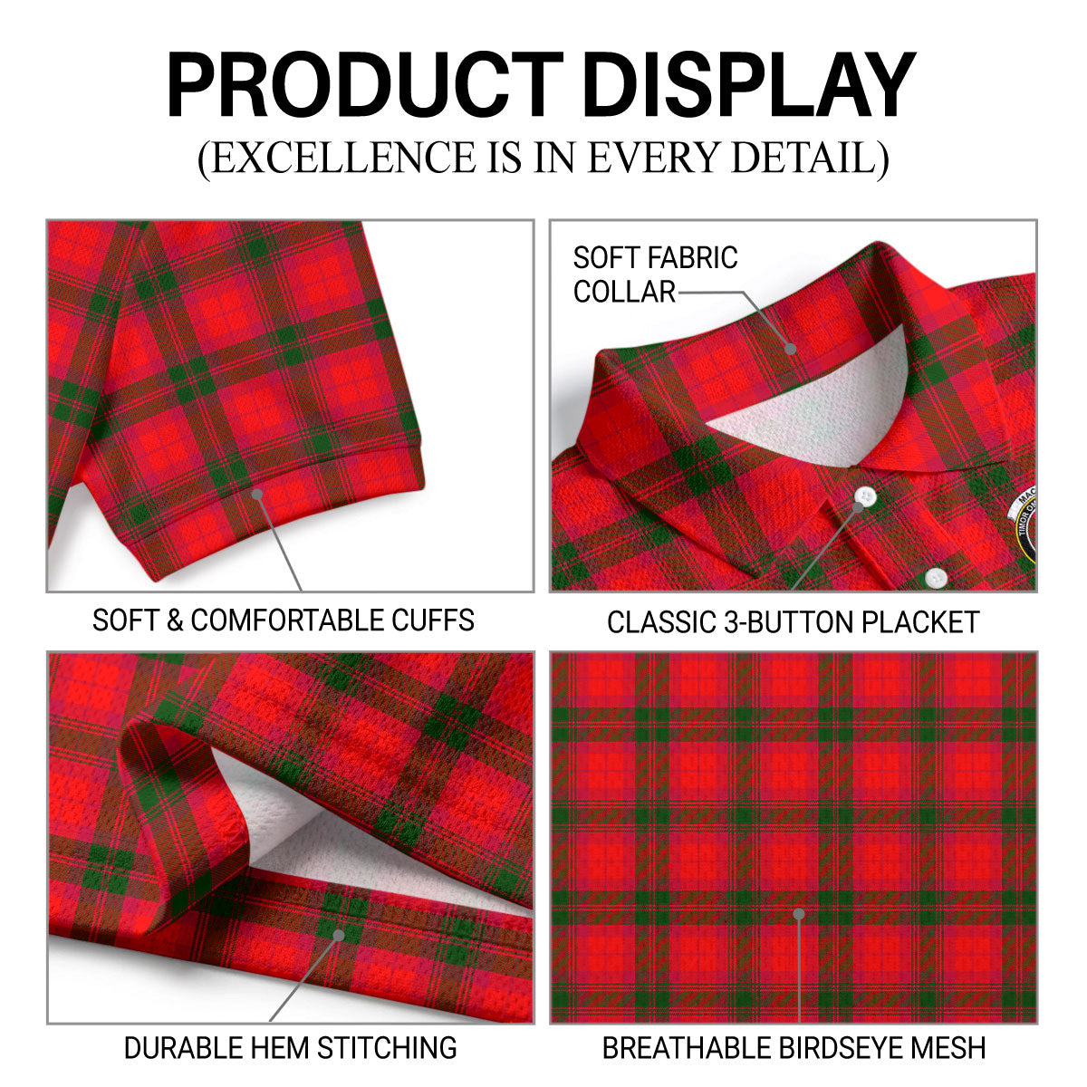 MacNab Modern Tartan Crest Birdseye Mesh Polo Shirt