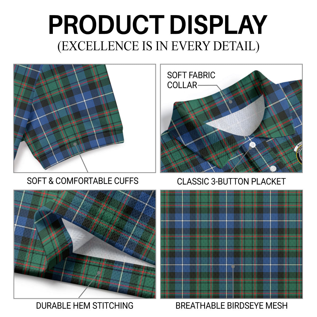 MacRae Hunting Ancient Tartan Crest Birdseye Mesh Polo Shirt