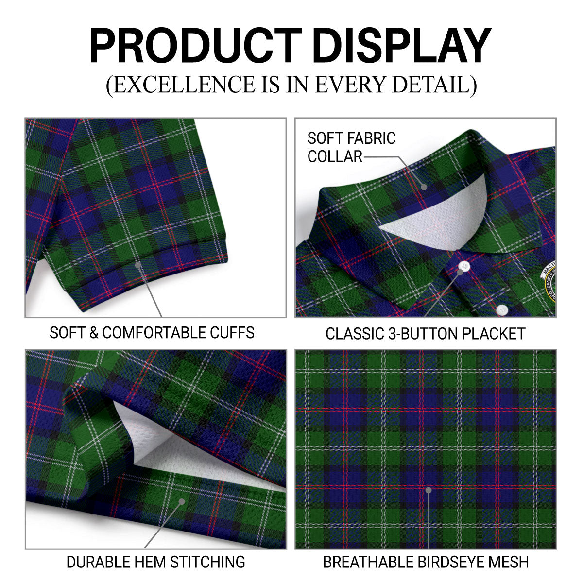 MacThomas Modern Tartan Crest Birdseye Mesh Polo Shirt