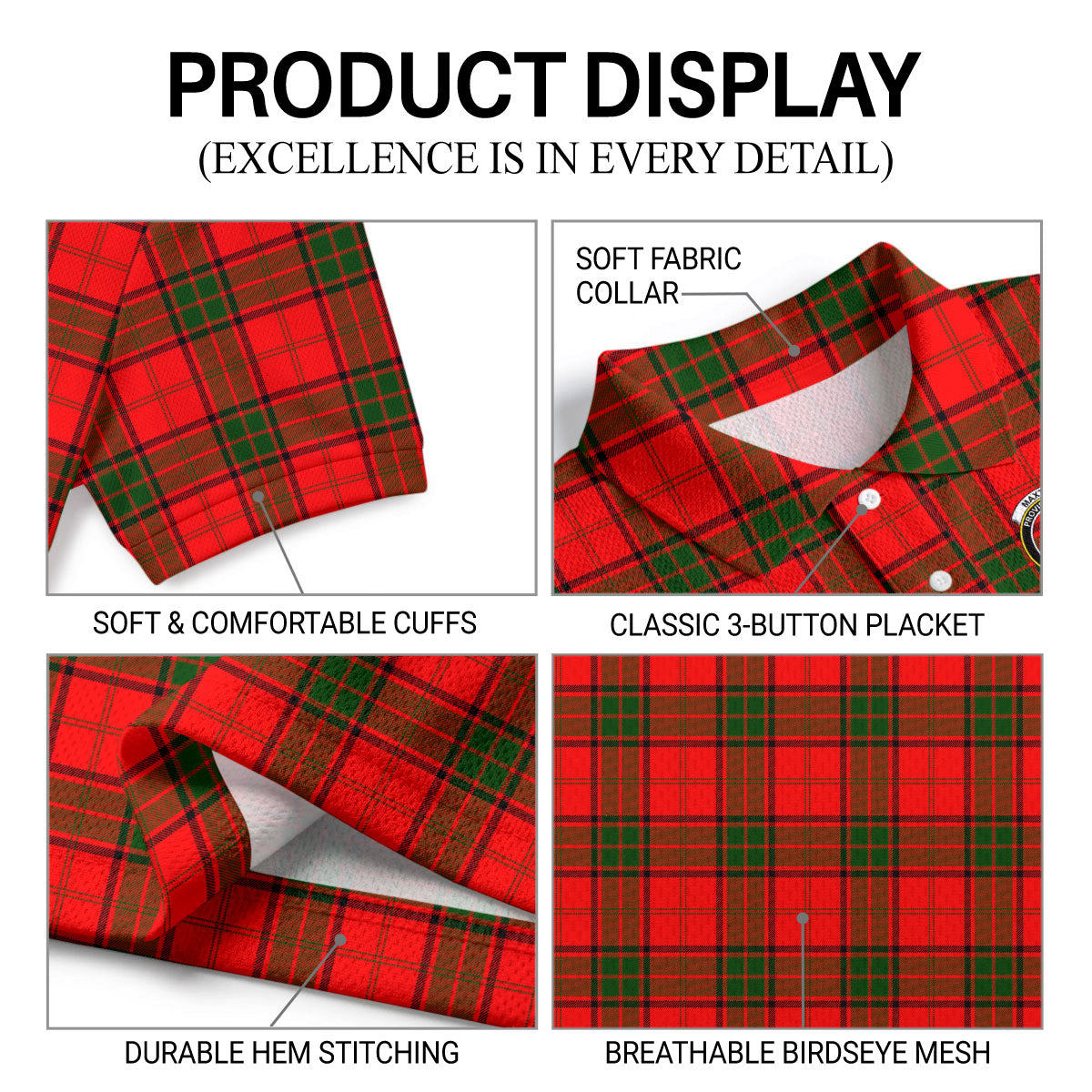 Maxtone Tartan Crest Birdseye Mesh Polo Shirt