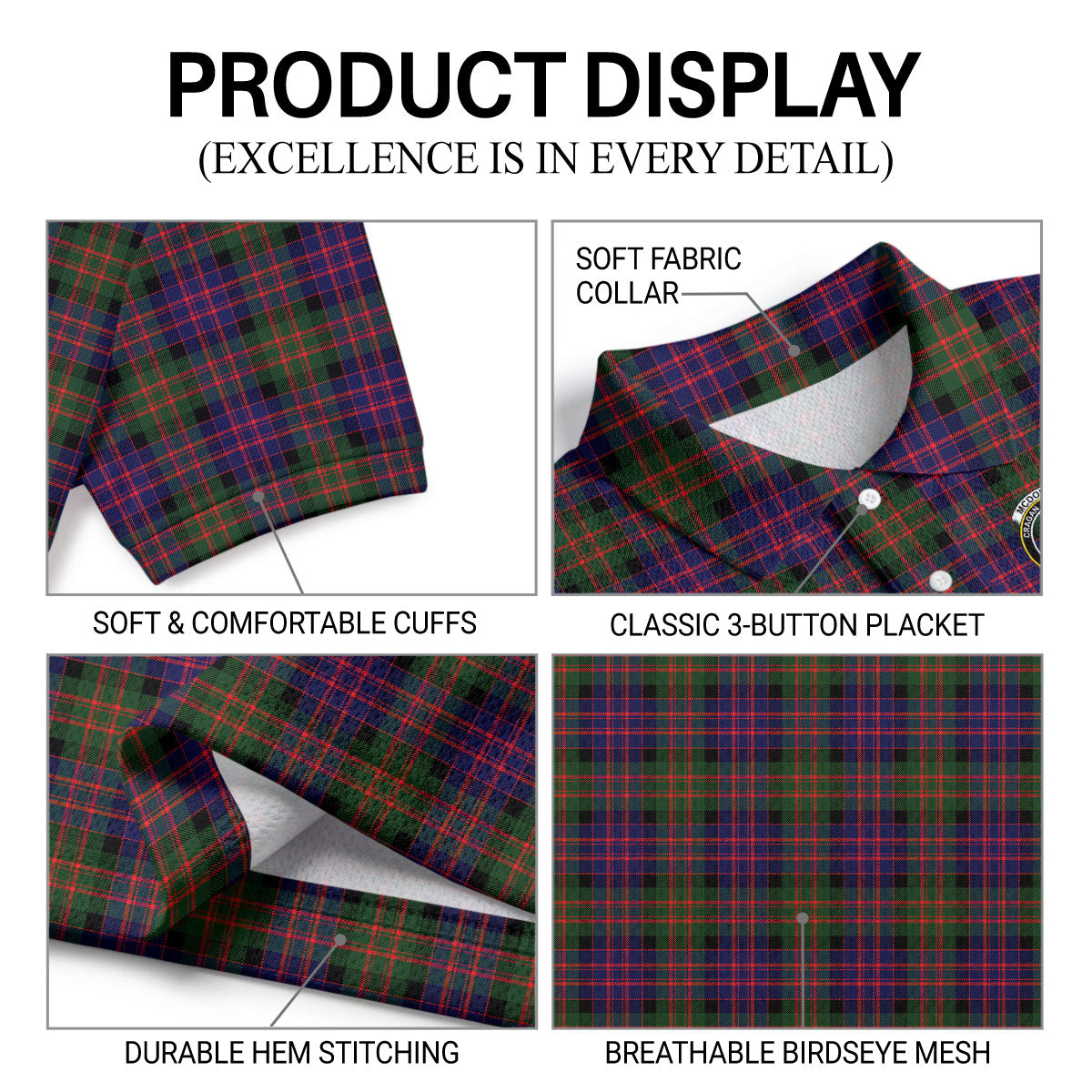McDonnell of Glengarry Modern Tartan Crest Birdseye Mesh Polo Shirt
