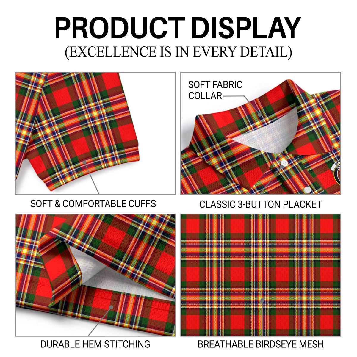McGill Modern Tartan Crest Birdseye Mesh Polo Shirt