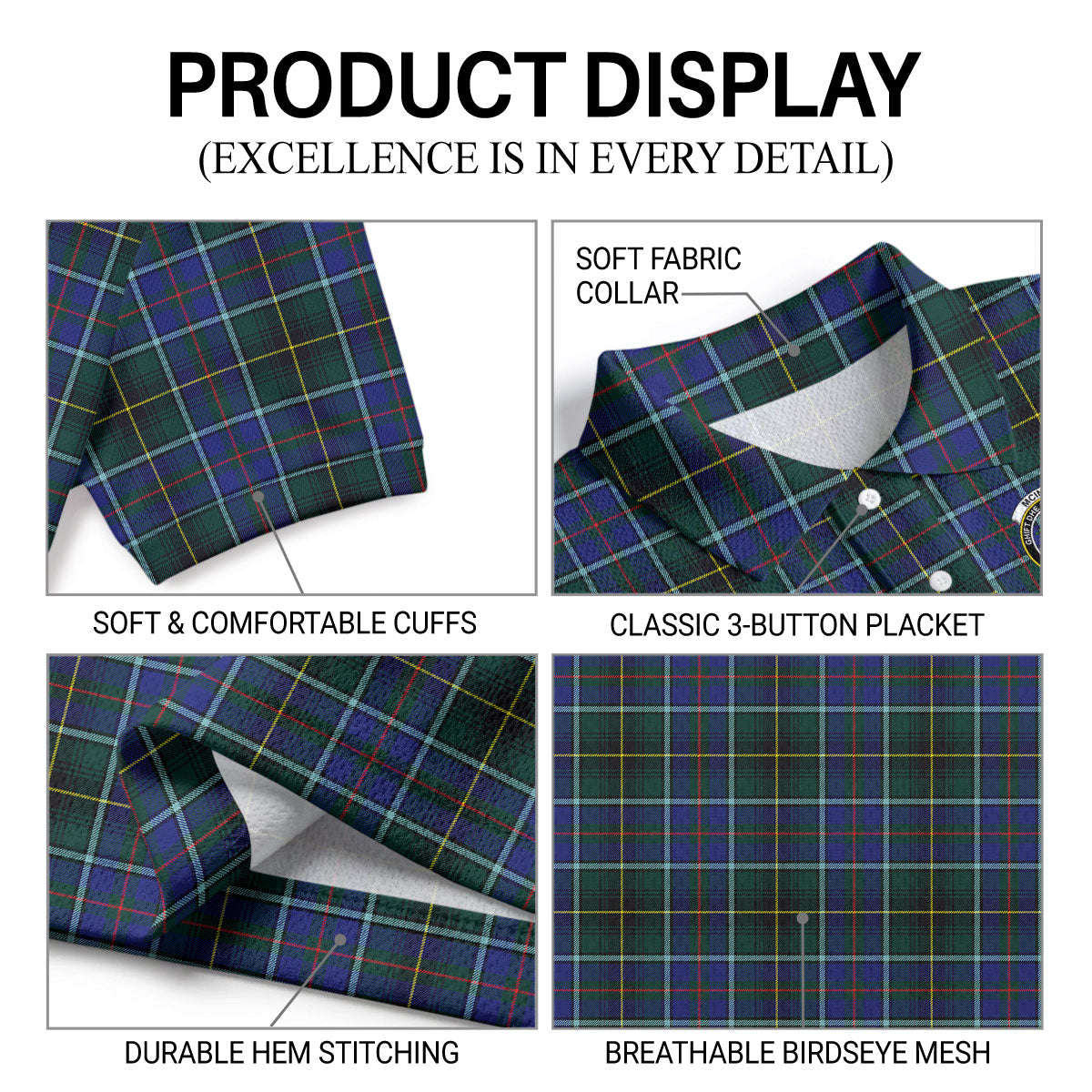 McInnes Modern Tartan Crest Birdseye Mesh Polo Shirt