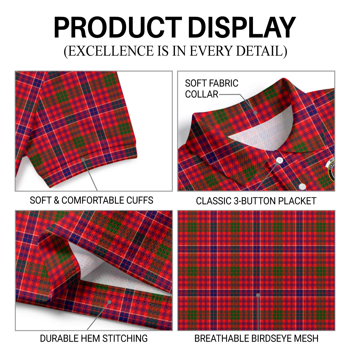 McRae Modern Tartan Crest Birdseye Mesh Polo Shirt