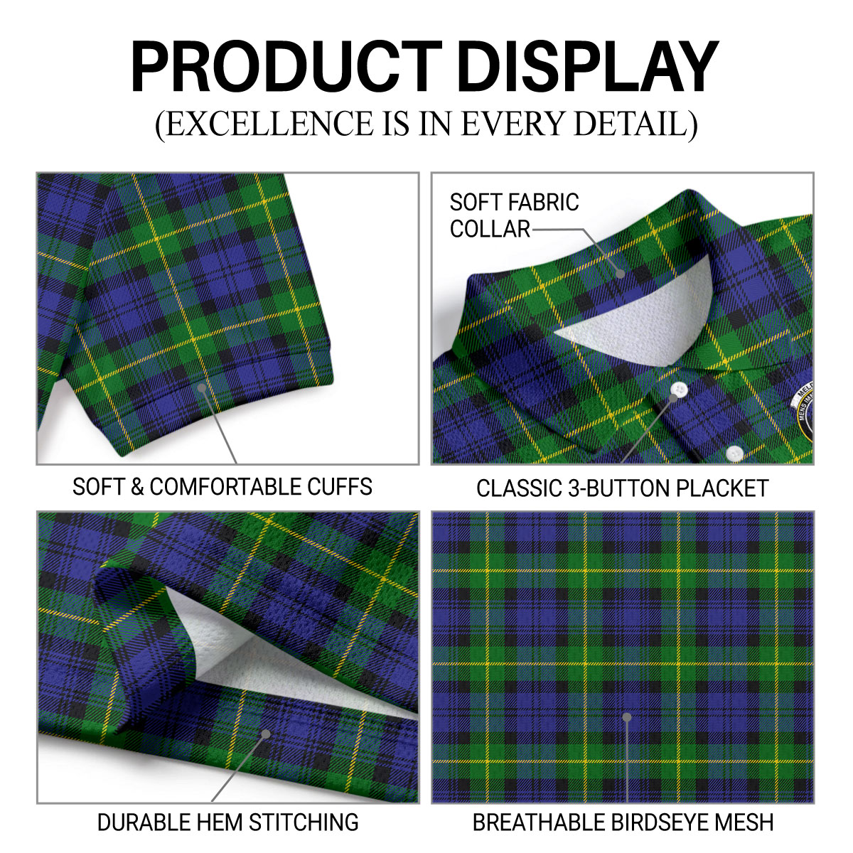 Meldrum Tartan Crest Birdseye Mesh Polo Shirt