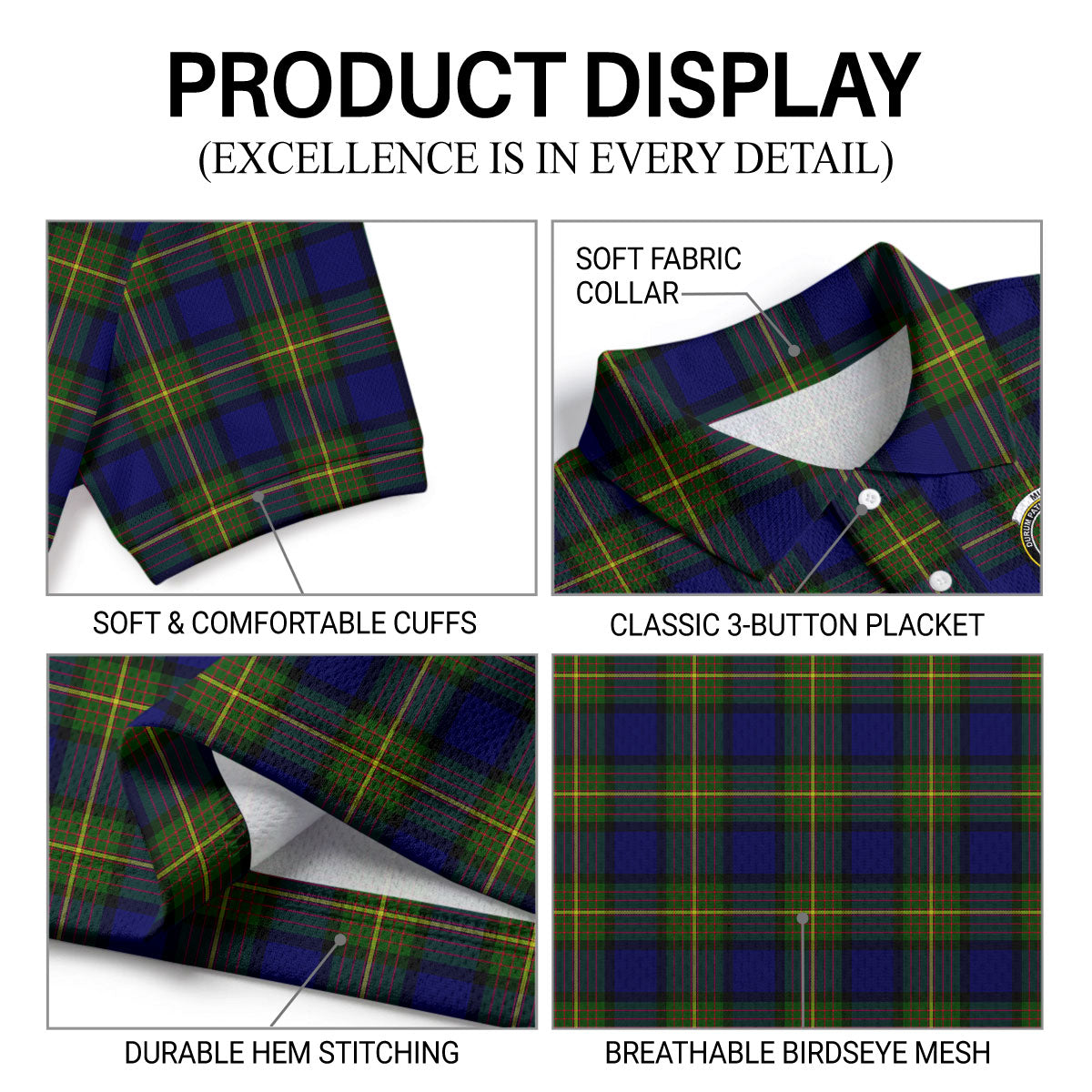 Muir Tartan Crest Birdseye Mesh Polo Shirt